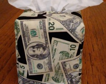 Tissue Box Cover, Square, Got The Money Design On Black Fabric Square Tissue Box Cover, Handmade, Free Shipping