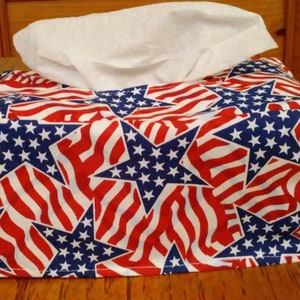 Tissue Box Cover, Rectangle, Bright Stars On Red And White Stripe Fabric Rectangular Tissue Box Cover, Patriotic Tissue Box Cover, Handmade