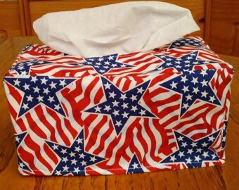 Tissue Box Cover, Rectangle, Bright Stars On Red And White Stripe Fabric Rectangular Tissue Box Cover, Patriotic Tissue Box Cover, Handmade