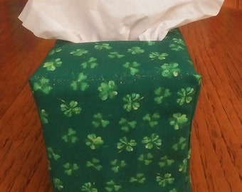 Tissue Box Cover, Square, Mini Shamrocks On Glittering Green Fabric, Four Leaf Clovers, St Patricks Day Decor, Fabric Tissue Box Cover