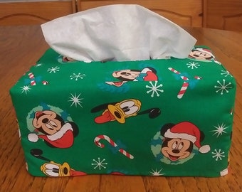 Tissue Box Cover, Rectangle, Mickey And Friends On Green Fabric Rectangular Tissue Box Cover, Holiday Decor, Christmas Decor