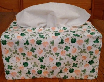 Tissue Box Cover, Rectangle, Coral And Green Clover Leaves on White Fabric Rectangular Tissue Box Cover, Handmade, Free Shipping, St Patrick