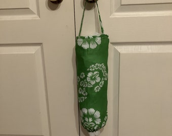 Grocery Bag Holder, White Flowers On Green Fabric Plastic Bag Container And Dispenser, Plastic Bag Keeper, Plastic Bag Storage