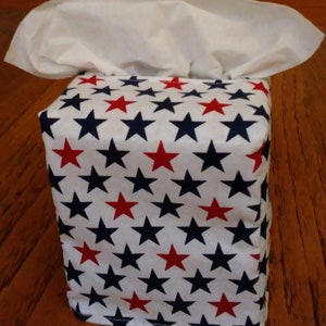 Tissue Box Cover, Square, Patriotic Bold Stars On White Fabric Square Tissue Box Cover, Patriotic Tissue Box Cover, Handmade, Free Shipping