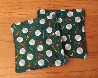 Potholders, Hot Pads, Set of 2 Colorful Golf Tees And Golf Balls On Green Grass Fabric 7 1/2" Square Pot Holders, Kitchen Decor, Handmade,