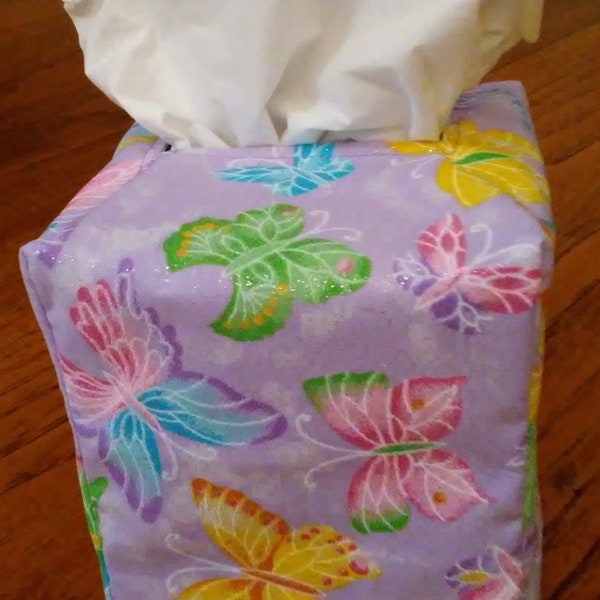 Tissue Box Cover, Square, Glittering Butterflies On Lavender Fabric Square Tissue Box Cover, Butterfly Tissue Box Cover, Butterfly Decor