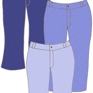 May include: Three pairs of pants in different shades of blue. The pants are all cropped and have a straight leg.