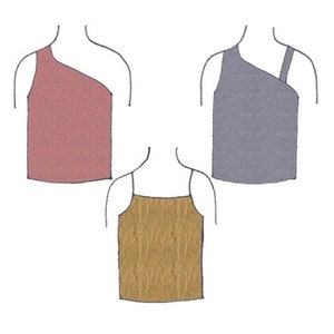 May include: Three sleeveless tops in different colors and styles. The top on the left is a one-shoulder style in a dusty rose color. The top in the middle is a classic tank top in a golden yellow color. The top on the right is a one-shoulder style in a light gray color.