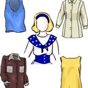 May include: Five different tops, including a blue sleeveless top with a beaded neckline, a white top with a sailor collar and a blue bow, a beige long-sleeved button-up shirt, a brown button-up shirt with two pockets, and a yellow sleeveless top.