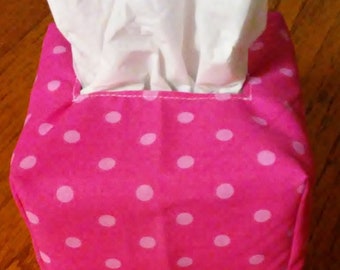 Tissue Box Cover, Square, Pink Polka Dot Fabric Tissue Box Cover, Square Fabric Tissue Box Cover, Pink Polka Dot Tissue Box Cover, Handmade