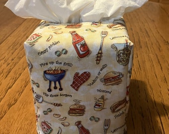 Tissue Box Cover, Square, Flip The Burgers Barbeque Theme Fabric Square Tissue Box Cover, BBQ Theme Fabric Tissue Box Cover