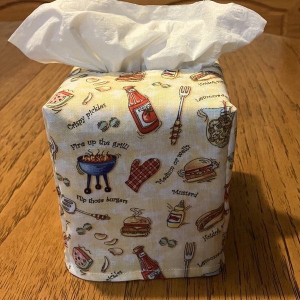 Tissue Box Cover, Square, Flip The Burgers Barbeque Theme Fabric Square Tissue Box Cover, BBQ Theme Fabric Tissue Box Cover