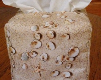 Tissue Box Cover, Square, Sea Shells On The Beach Fabric Square Tissue Box Cover, Beach Theme Tissue Box Cover, Handmade, Free Shipping