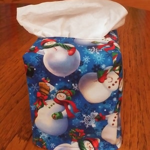 Tissue Box Cover Square, Packed Snowmen And Snowflakes On Blue Fabric Square Tissue Box Cover, Christmas Decor, Winter Decor, Free Shipping