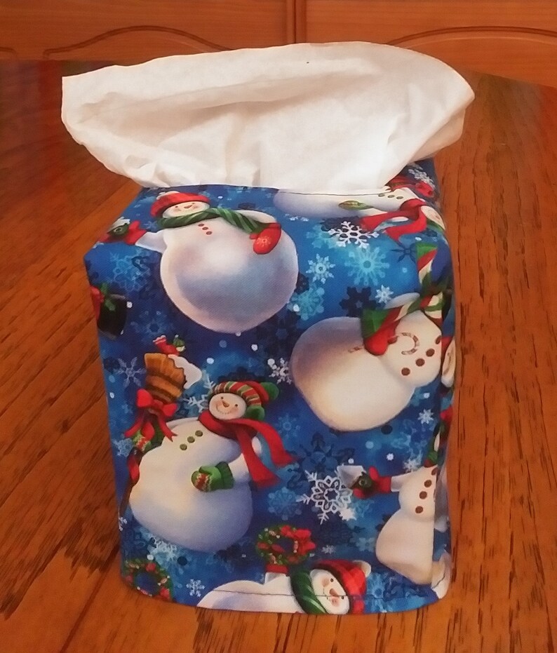 Tissue Box Cover Square, Packed Snowmen And Snowflakes On Blue Fabric Square Tissue Box Cover, Christmas Decor, Winter Decor, Free Shipping image 1