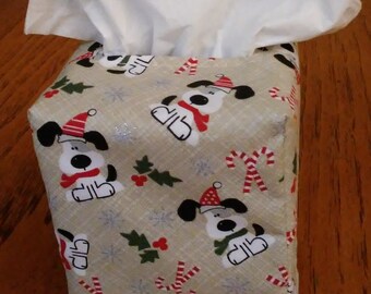 Tissue Box Cover, Square, Glittering Snowflakes Dogs and Candy Canes Square Fabric Tissue Box Cover, Handmade, Dog Design Tissue Box Cover