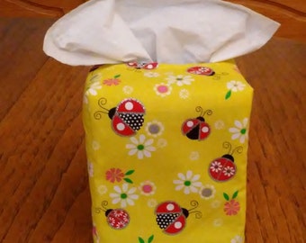 Tissue Box Cover, Square, Glittering Lady Bugs and Flowers on Yellow Fabric Square Tissue Box Cover, Handmade, Free Shipping, Ladybug Tissue