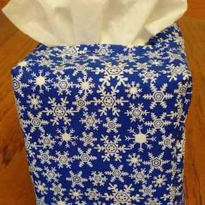 Tissue Box Cover, Square, Small Snowflakes On Blue Fabric Tissue Box Cover, Square Tissue Box Cover, Handmade, FREE SHIPPING!