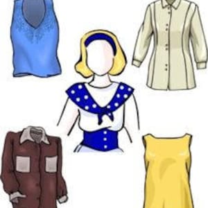 May include: Five different tops, including a blue sleeveless top with a beaded neckline, a white top with a sailor collar and a blue bow, a beige long-sleeved button-up shirt, a brown button-up shirt with two pockets, and a yellow sleeveless top.