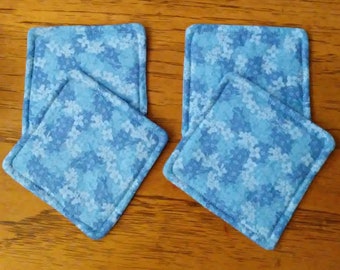 Square Coasters, Set Of 4, Shades of Blue Fabric Coasters, Square Coffee Coasters, Reversible Drink Coasters, Beverage Coasters, Mug Rugs