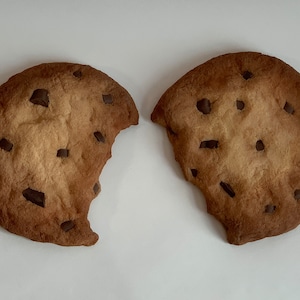 Peut inclure: Deux biscuits aux pépites de chocolat, l'un avec une bouchée enlevée.