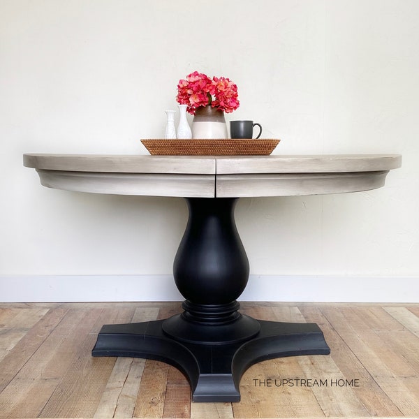 SOLD. Modern farmhouse dining table, Large round table, Driftwood gray table with black base, Kitchen table, Dining room furniture