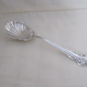 May include: A silver spoon with a shell-shaped bowl and a long, ornate handle. The spoon's bowl has a ribbed texture, and the handle features decorative floral and scrollwork details. The spoon is likely made of sterling silver.