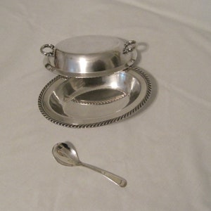 Serving Set; Three Piece Serving Set; Silverplate Silver Plate; Small American Covered Serving Dish with English Condiment Serving Spoon