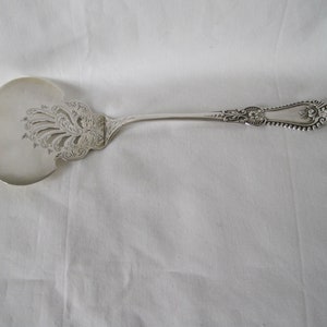 May include: A silver serving spoon with an ornate, floral design on the blade and handle. The spoon has a rounded blade with a scalloped edge and a detailed, decorative handle. The spoon is set against a white background.