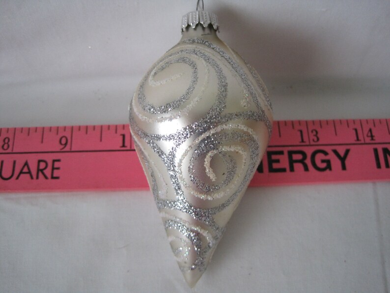 Set of Four Teardrop White and Silver Swirl Glass Christmas Tree Ornaments