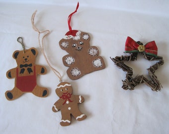 SET of Four Wooden CHRISTMAS ORNAMENTS; Ready for Your Christmas Tree!!