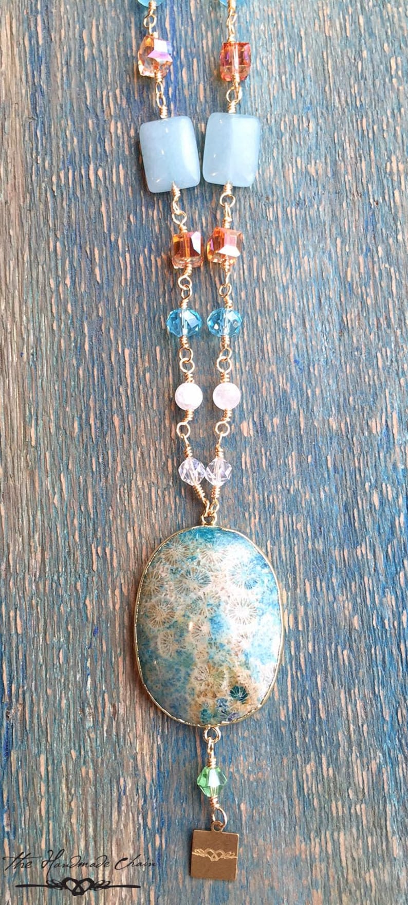 Fossil Coral Pendant hand made chain rose gold wire