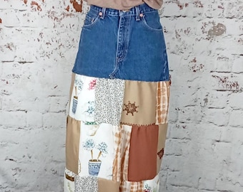 Falda larga Levis 505 reciclada, falda vaquera escalonada estilo boho, ropa sostenible, estilo hippie, talla 30