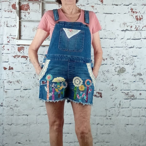 Upcycled boho denim overalls, ladies appliqued bib shorts, hippie clothing, frayed denim with lace, size large