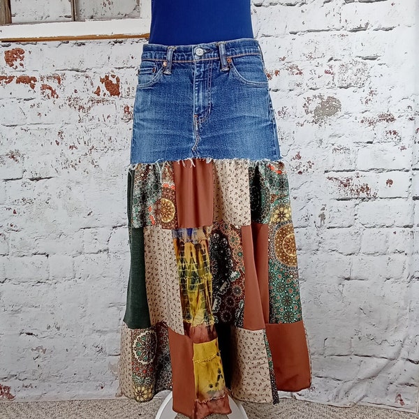 Long boho peasant skirt, Levi's denim upcycle, pieced, flowy,hippie clothes, size 32 levis