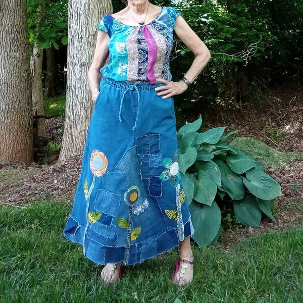 Boho maxi denim skirt, upcycled jean skirt, M-XL flower patched skirt, hippie clothing