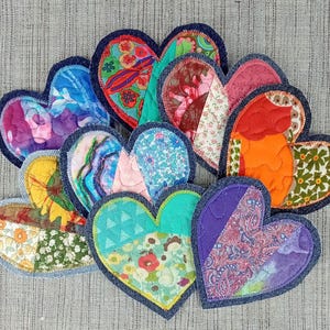 Scrappy Patchwork Heart Applique: Handmade Boho Fabric Patch, denim sew on