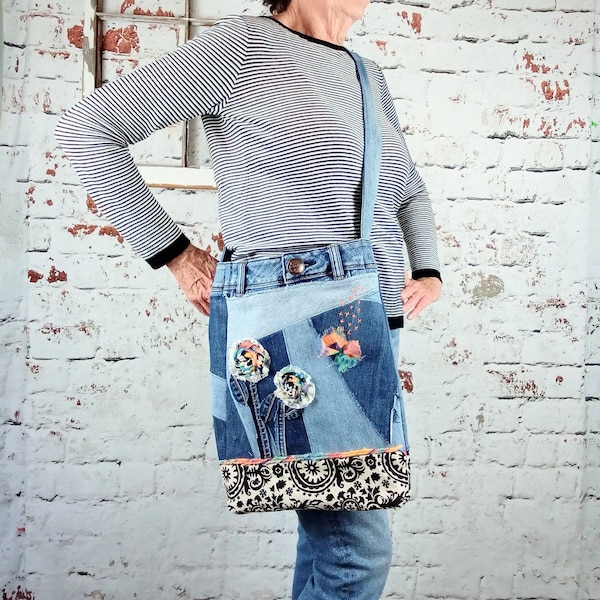 Denim crossbody bag, boho upcycled purse, hippie pocketbook, handmade gift for her