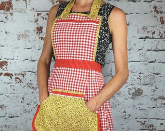 Farm style apron, red gingham, bakers gift, full coverage