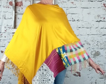 Boho scarf Poncho: Upcycled mustard Viscose fabric with Crochet Details, shabby chic cover up