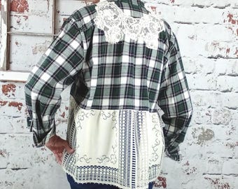 Flannel Shirt with Vintage tablecloth Lace: Boho Cottagecore Top - upcycled Size LG
