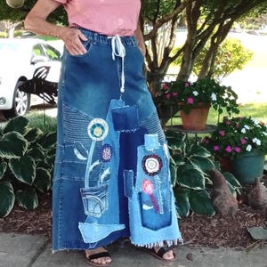 Denim maxi skirt, ladies upcycled jeans, boho chic, festival clothing, eco-friendly
