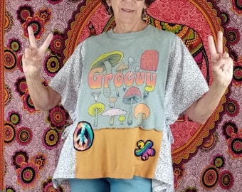 Camiseta reciclada con estampado de setas, top retro de los años 70 de corte oversize, parches hechos a mano, estilo boho para mujer, tallas M-2X