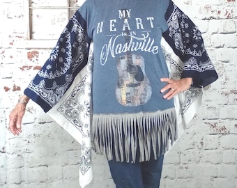 Nashville music tee with fringe and bandanas, ladies med boho cowgirl clothing