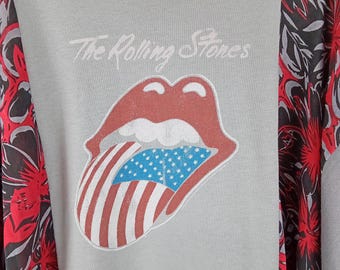 Camiseta estampada de los Rolling Stones, poncho reciclado: camiseta ligera de banda, estilo hippie.