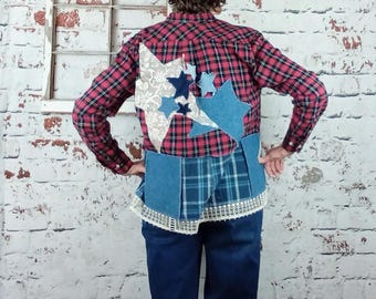 Camisa vaquera y a cuadros: top patriótico reciclado, estilo bohemio para mujer, talla M, franela.