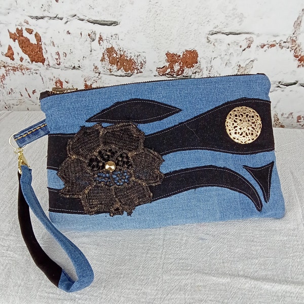 Boho denim wristlet, small upcycled clutch, repurposed denim cosmetic bag, zippered pouch