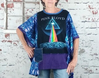 Camiseta estampada de Pink Floyd, poncho de Dark Side of the Moon, camiseta de banda reciclada, ropa bohemia para festivales.