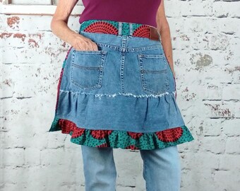 Repurposed denim half apron, Tommy Bahama jeans, ruffle bottom, adjustable belt loop tie, barista apron