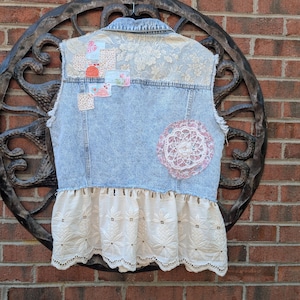 Denim jean vest, ladies boho clothing, 2X, shabby chic, upcycled, patchwork